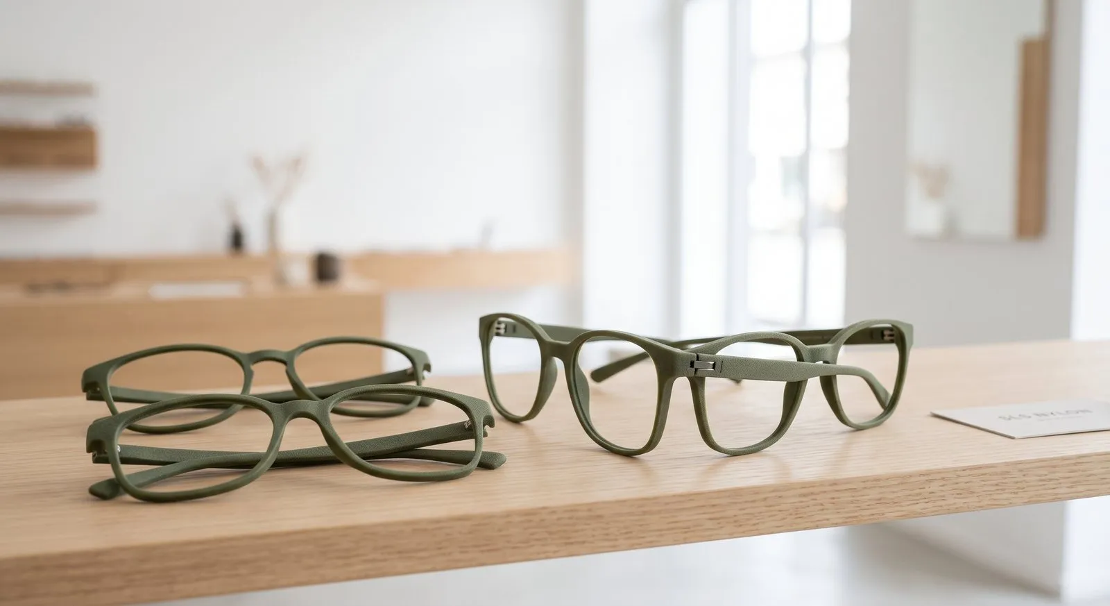 Armazones de lentes verdes impresos sobre una mesa de madera