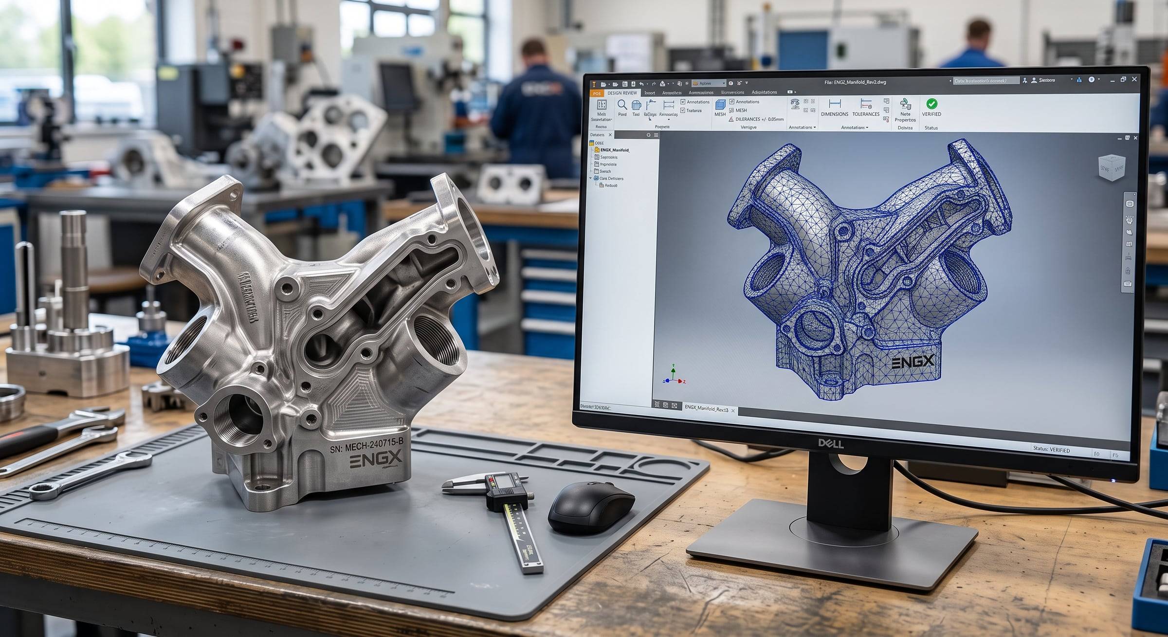 Pieza metálica sobre la mesa de trabajo junto a su modelo 3D en pantalla, en revisión de diseño