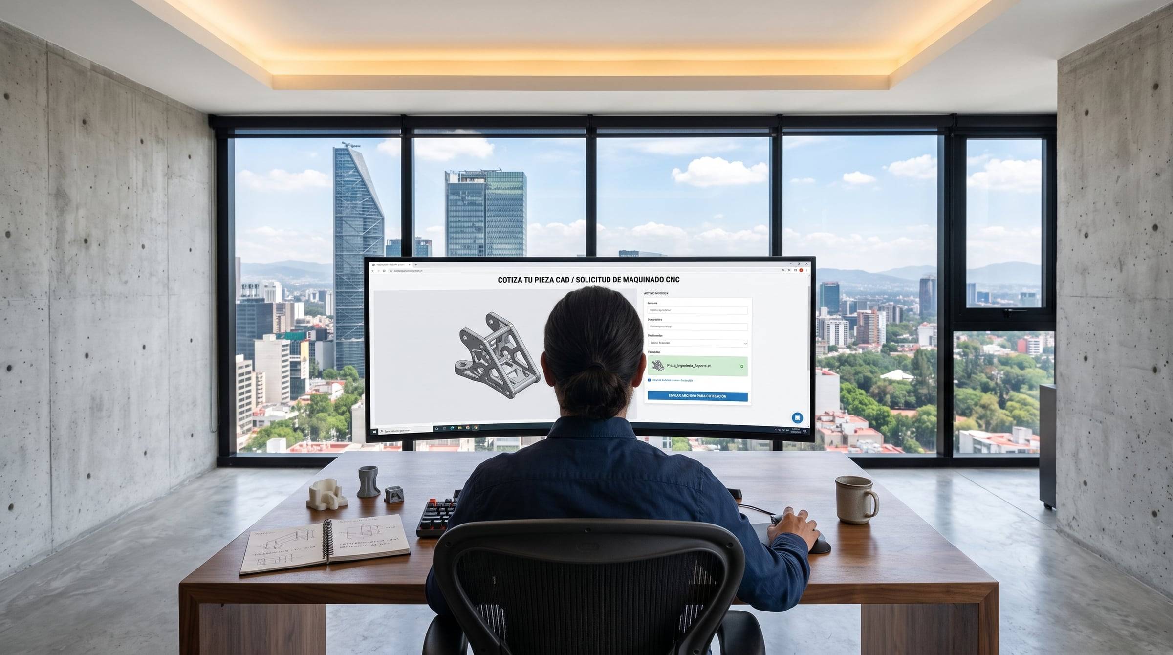 Ingeniero frente a un monitor con el formulario para cotizar una pieza y su modelo 3D