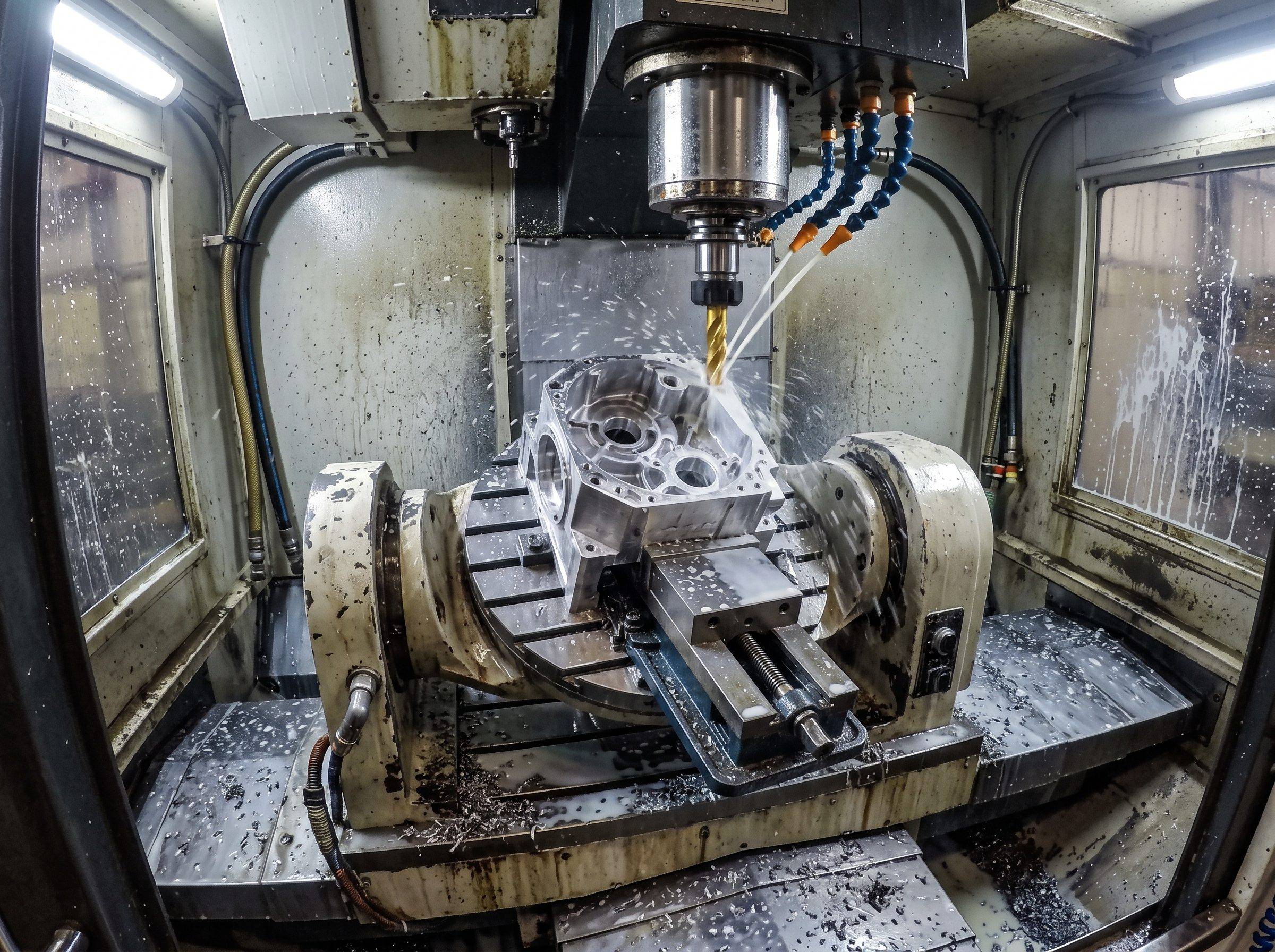 Centro de maquinado de cinco ejes fresando una carcasa de aluminio con refrigerante