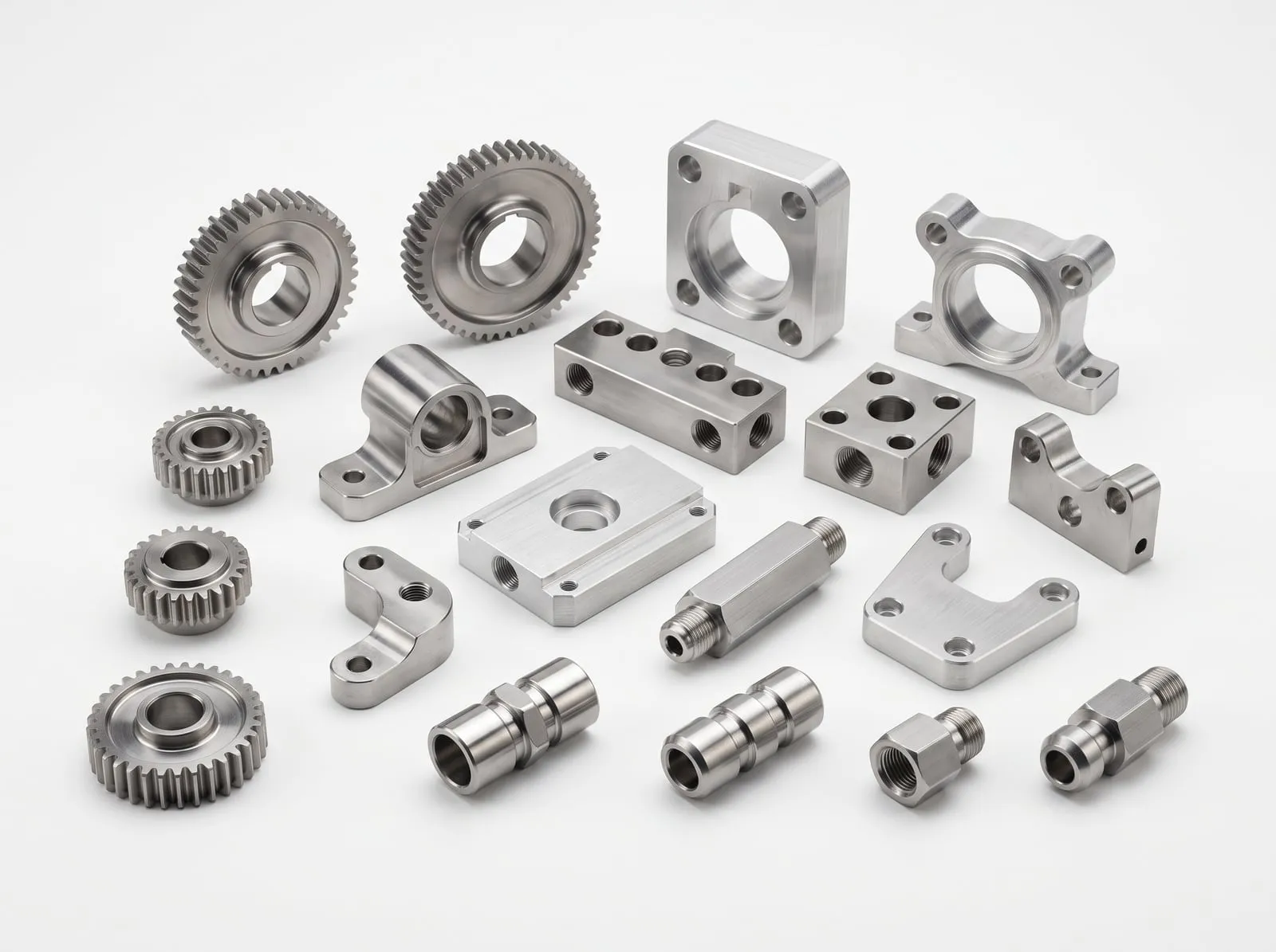 Engranes, bridas, bloques y conectores maquinados en aluminio y acero inoxidable