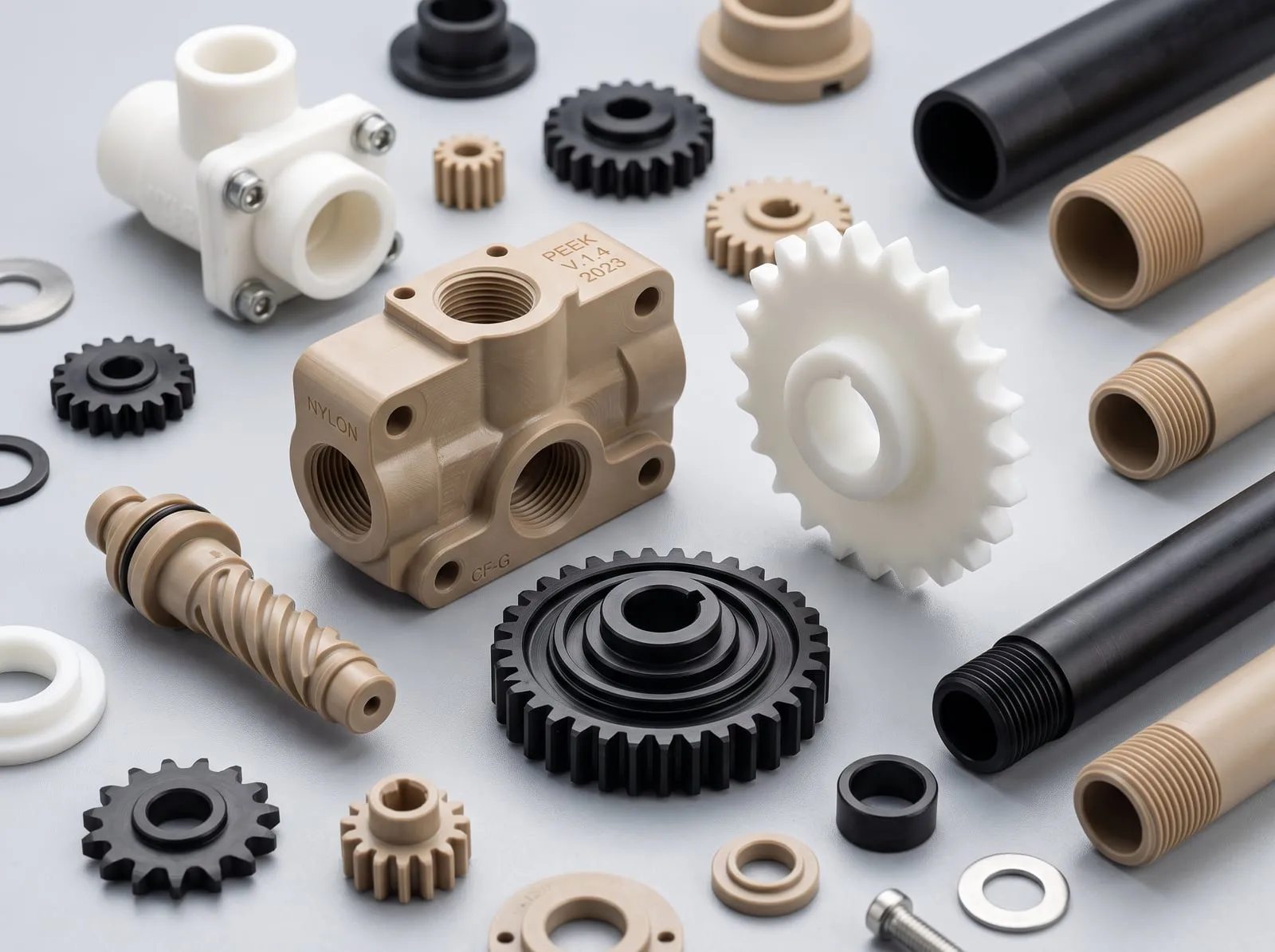 Engranes, bujes, conectores y tubos roscados maquinados en PEEK, nylon y acetal