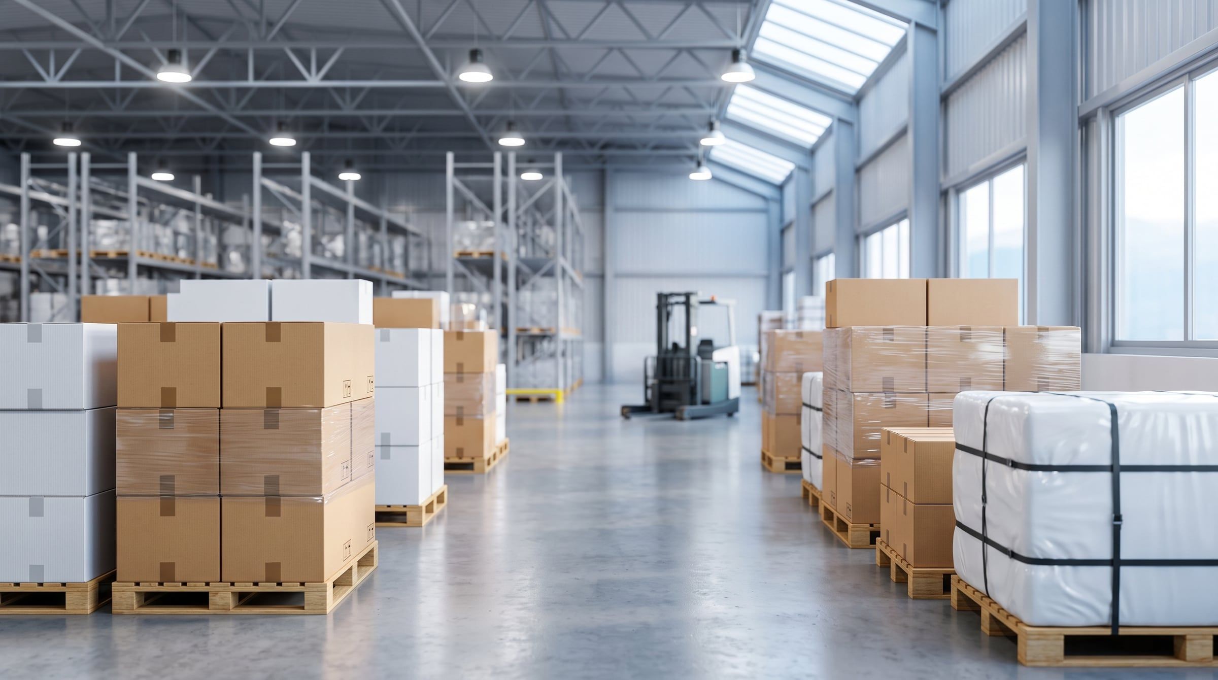 Almacén con tarimas de cajas embaladas listas para envío